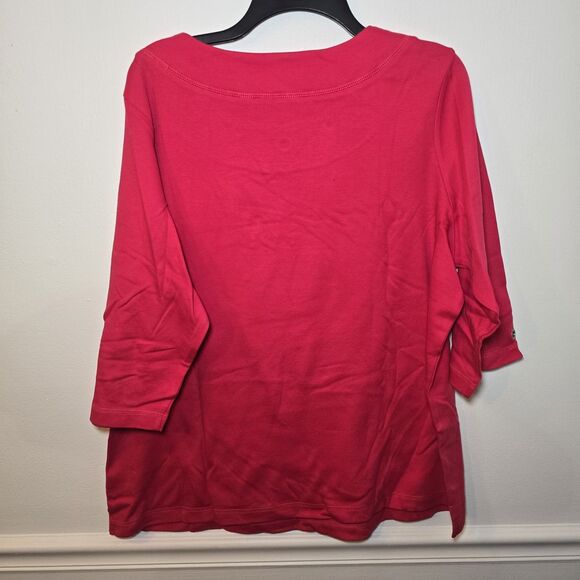 Quacker Factory Red Rhinestone Blouse Grommets Top Sz 1X Red 3/4 Sleeve Cotton - Picture 6 of 6